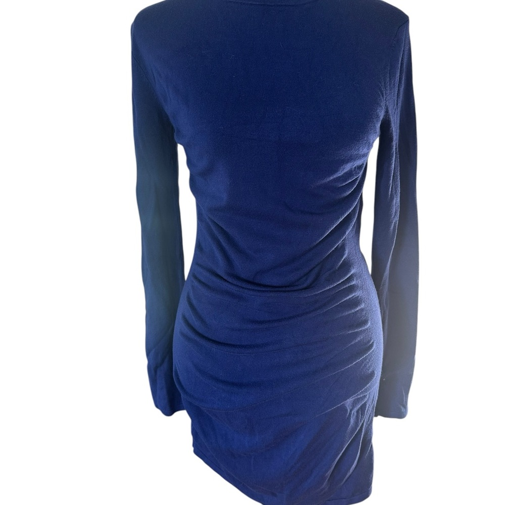 Express Blue Ruched Long Sleeve Bodycon Dress